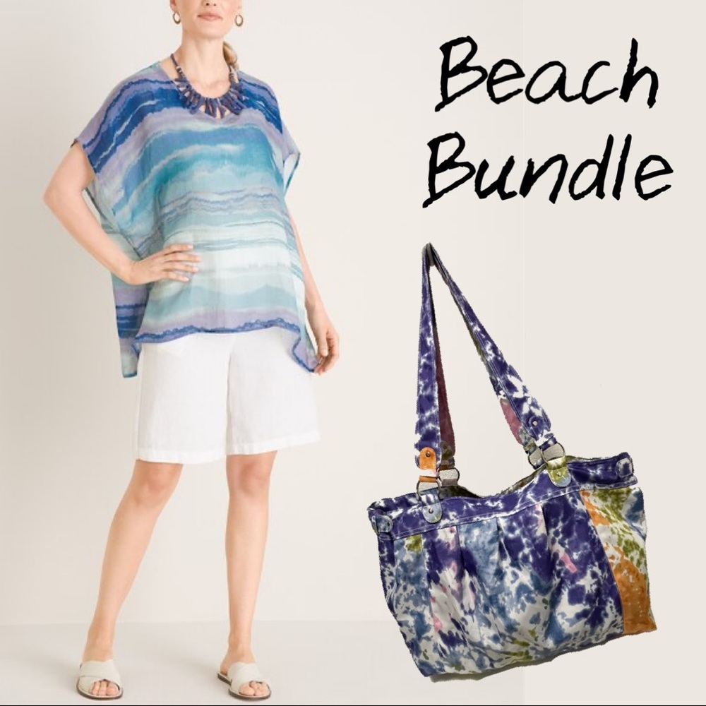 BEACH BUNDLE 🏖Chico's • Linen Watercolor Caftan TOP  w/ Beach Tote